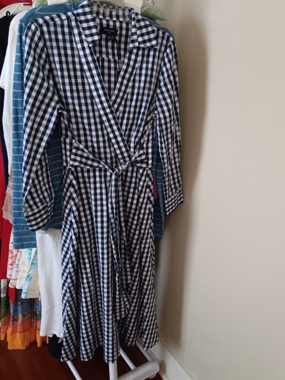 NWT Tahari Navy & White Gingham Cotton Midi Dress Size 6